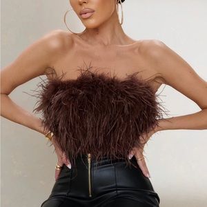 Club L London Strapless Brown Feather Top